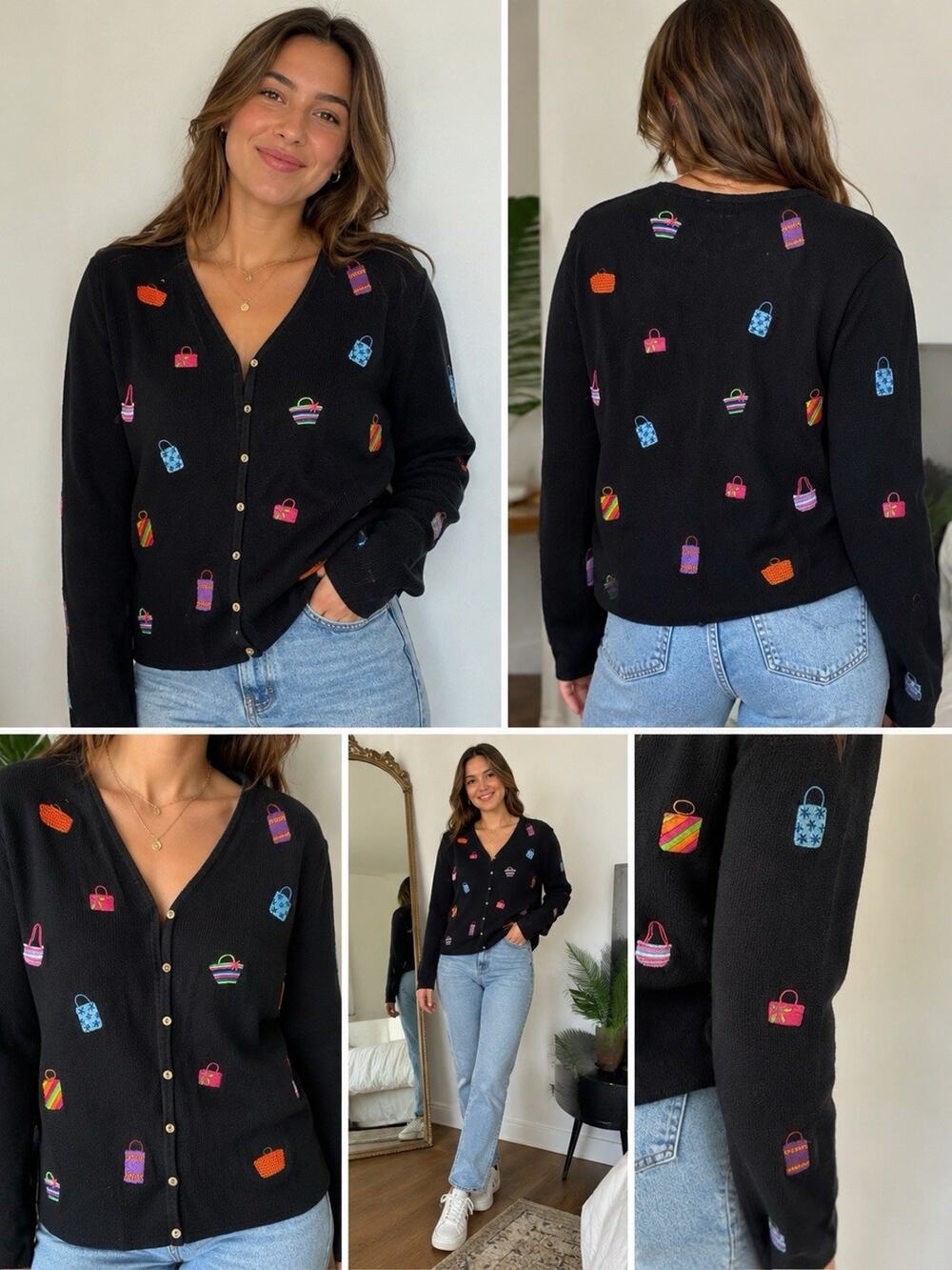 Alexandra Bartlett Embroidered Handbag Cardigan Sweater Size M Y2K Novelty
